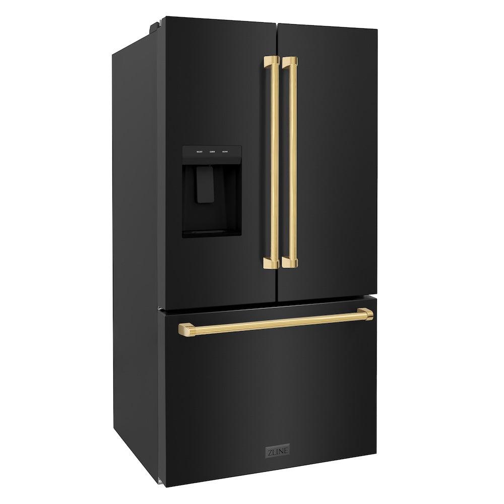 ZLINE Autograph Edition 36-inch refrigerator in fingerprint-resistant black stainless steel with bright white interior and polished gold accents RSMZ-W-36-BS-G, side view