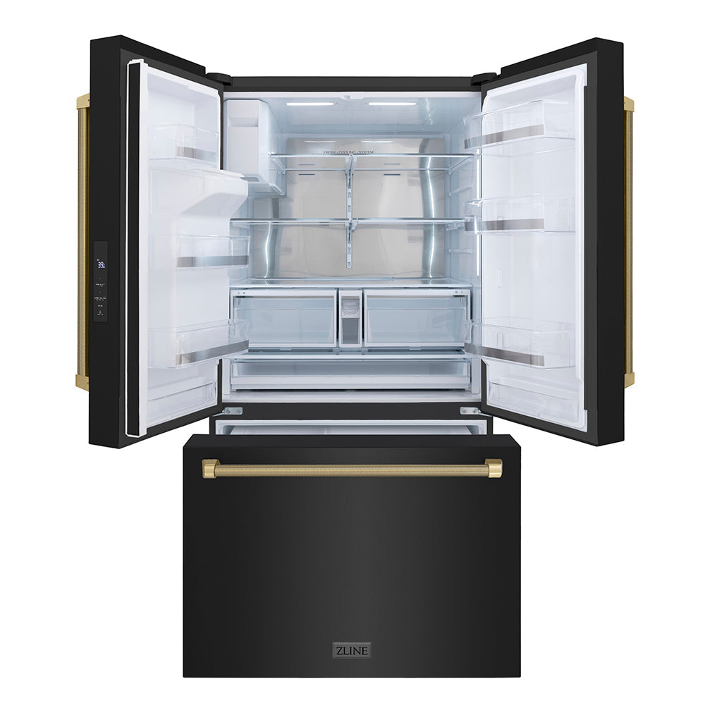 ZLINE Autograph Edition 36-inch refrigerator in fingerprint-resistant black stainless steel with bright white interior and champagne bronze accents RSMZ-W36-BS-KCB, front view