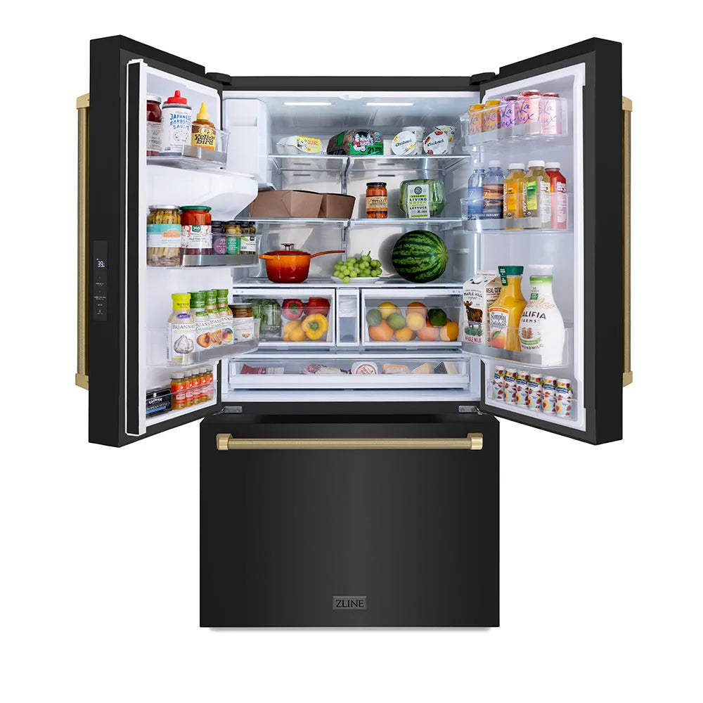 ZLINE Autograph Edition 36-inch refrigerator in fingerprint-resistant black stainless steel with bright white interior and champagne bronze accents RSMZ-W36-BS-KCB, front view