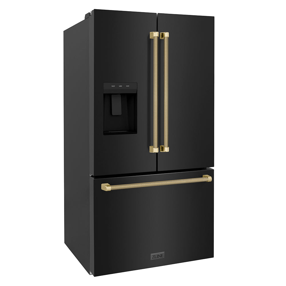 ZLINE Autograph Edition 36-inch refrigerator in fingerprint-resistant black stainless steel with bright white interior and champagne bronze accents RSMZ-W36-BS-KCB, side view