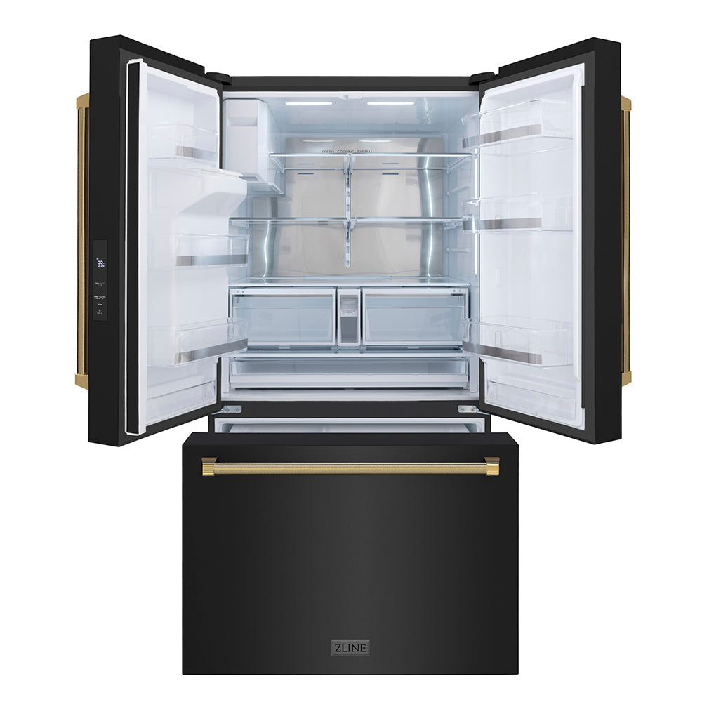 ZLINE Autograph Edition 36-inch refrigerator in fingerprint-resistant black stainless steel with bright white interior and polished gold accents RSMZ-W-36-BS-KG, front view