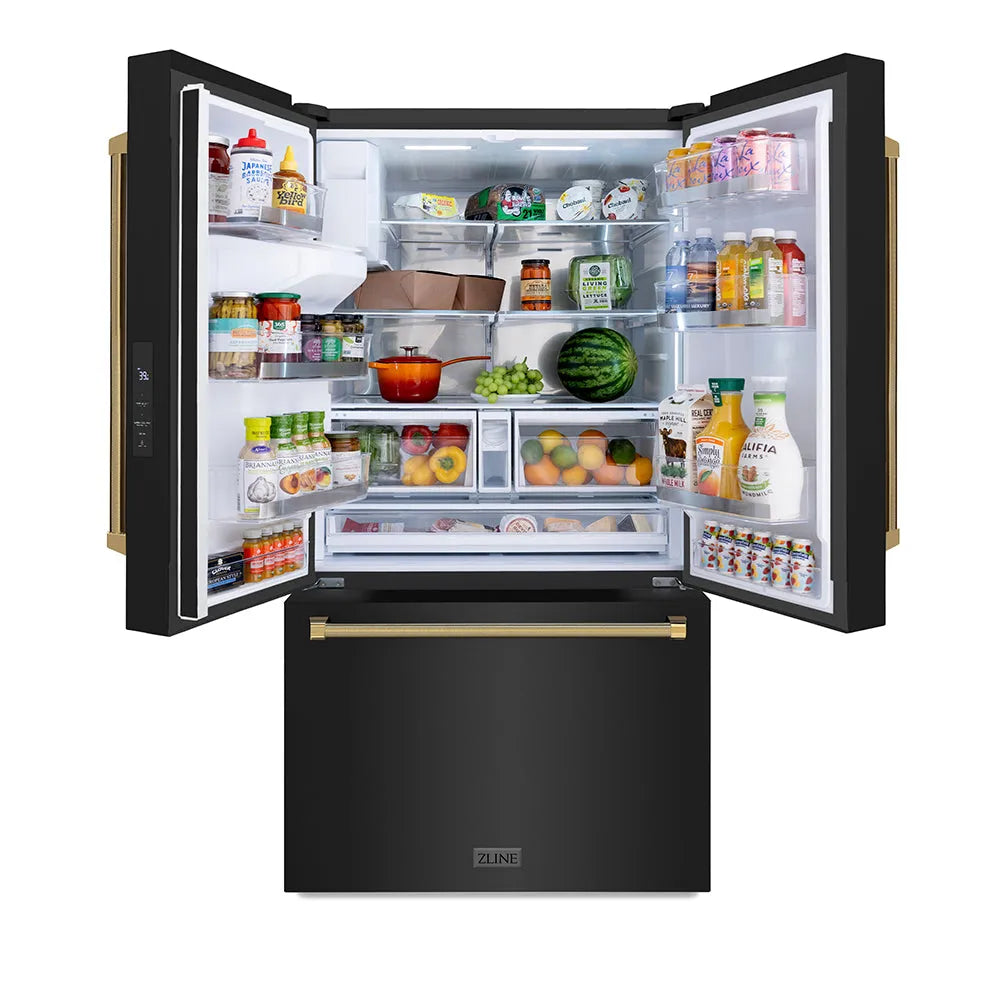 ZLINE Autograph Edition 36-inch refrigerator in fingerprint-resistant black stainless steel with bright white interior and polished gold accents RSMZ-W-36-BS-KG, front view