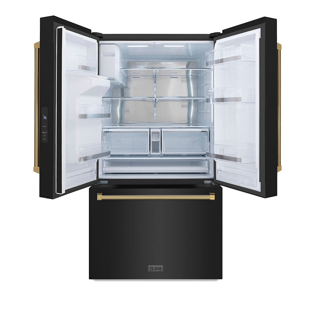 ZLINE Autograph Edition 36-inch refrigerator in fingerprint-resistant black stainless steel with bright white interior and polished gold accents RSMZ-W-36-BS-KG, front view