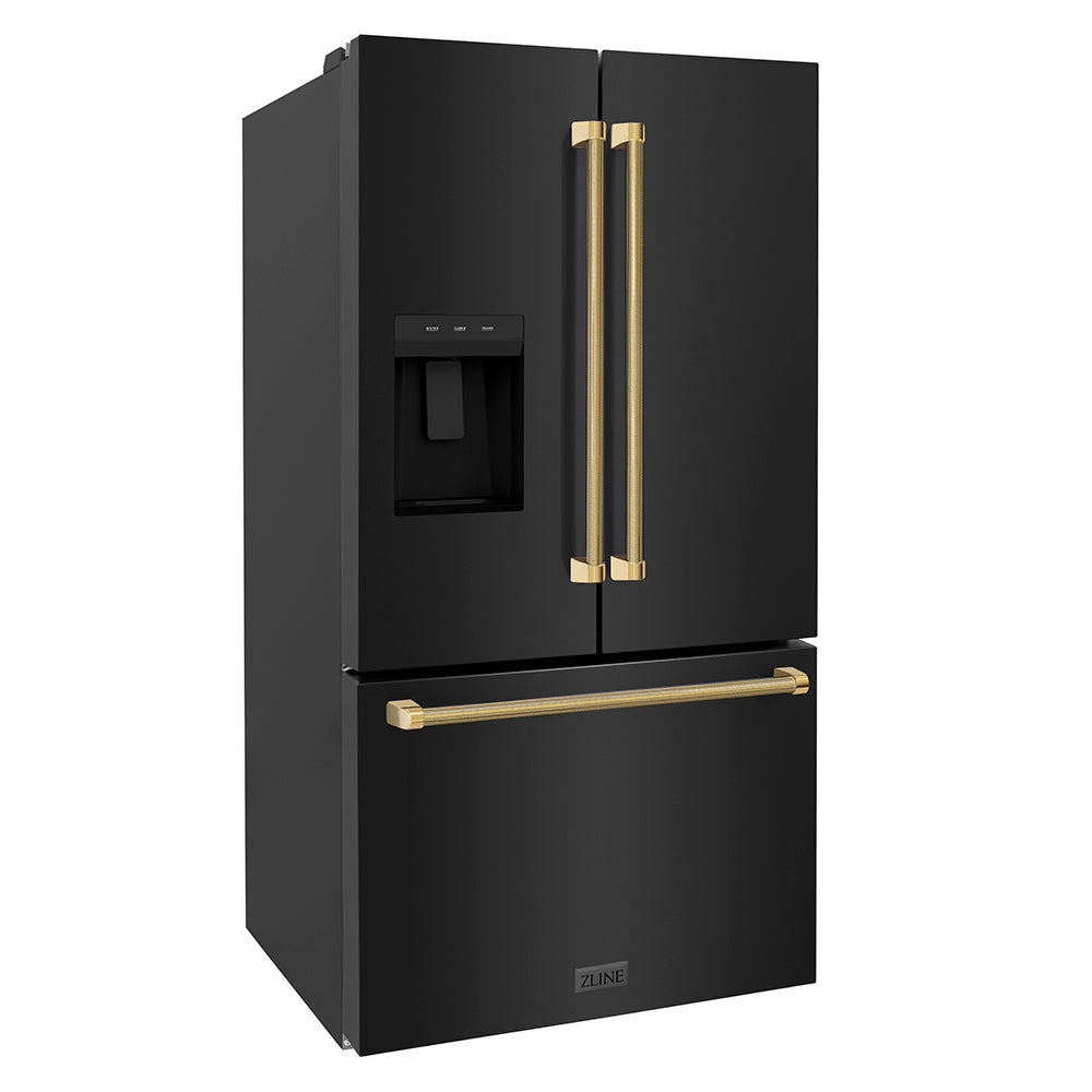 ZLINE Autograph Edition 36-inch refrigerator in fingerprint-resistant black stainless steel with bright white interior and polished gold accents RSMZ-W-36-BS-KG, side view