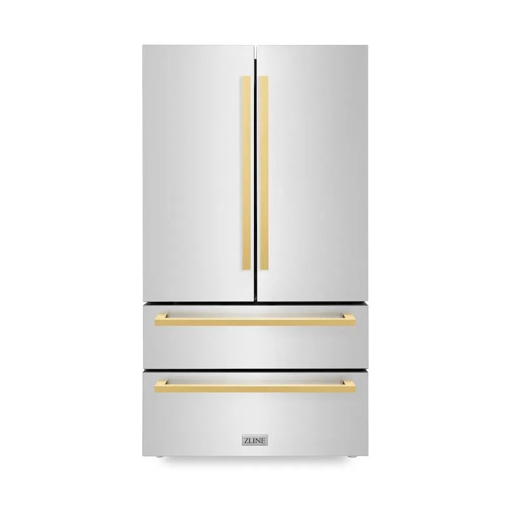 ZLINE Autograph Edition 36-inch refrigerator in fingerprint-resistant stainless steel with bright white interior and polished gold accents RFMZ-36-FG