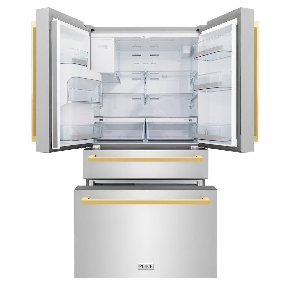 ZLINE Autograph Edition 36-inch refrigerator in fingerprint-resistant stainless steel with bright white interior and polished gold accents RFMZ-W-36-FG, front view