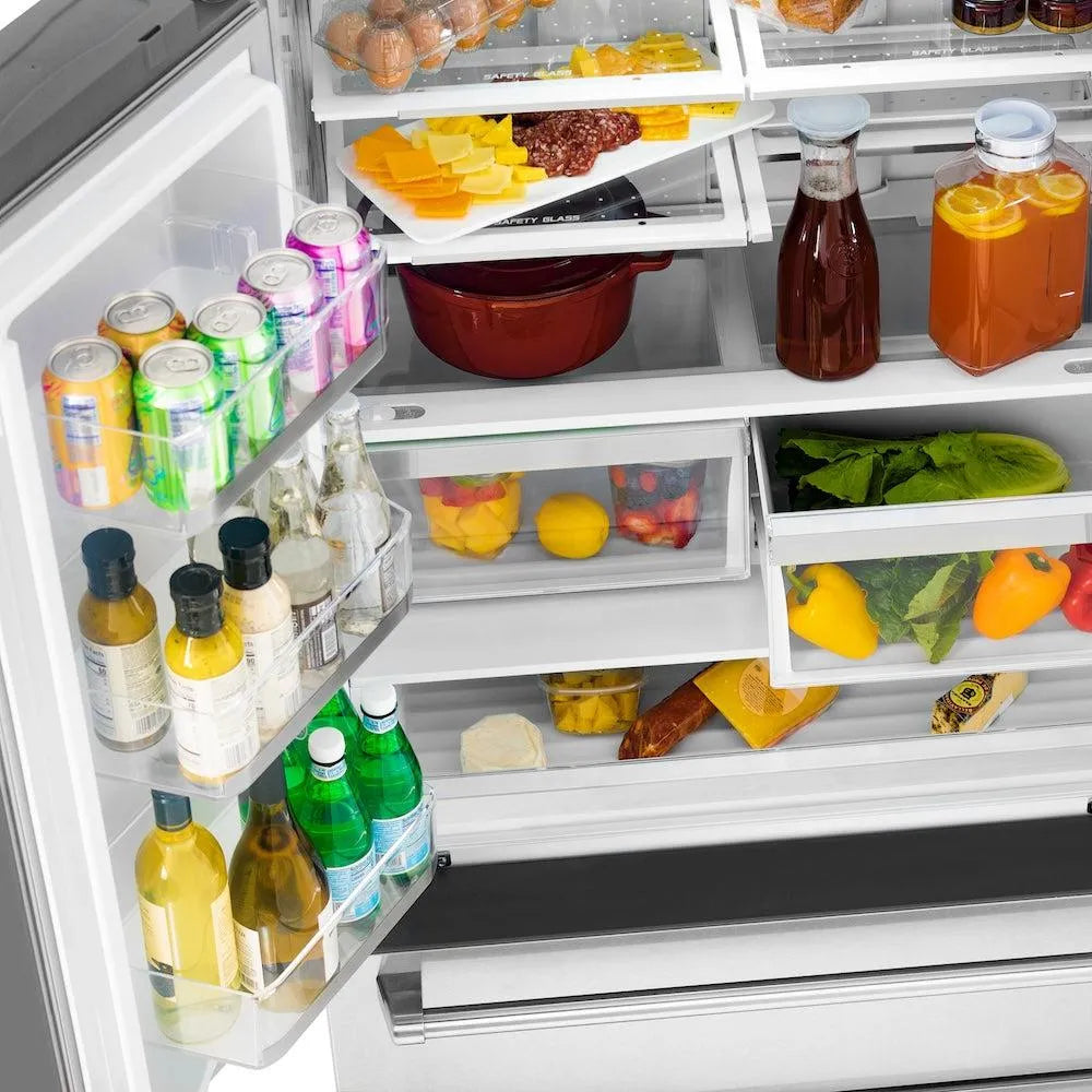 ZLINE Autograph Edition 36-inch refrigerator in fingerprint-resistant stainless steel with bright white interior and polished gold accents RFMZ-W-36-FG, door open
