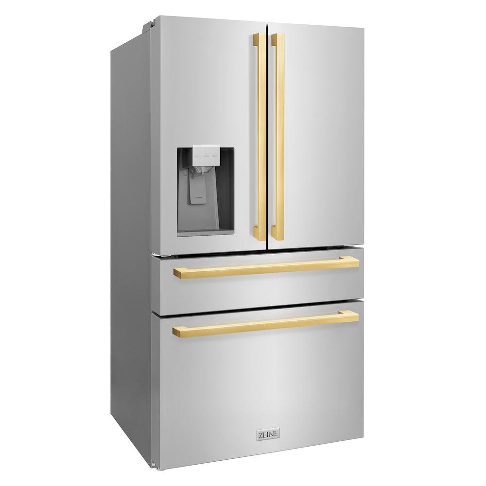 ZLINE Autograph Edition 36-inch refrigerator in fingerprint-resistant stainless steel with bright white interior and polished gold accents RFMZ-W-36-FG, side view