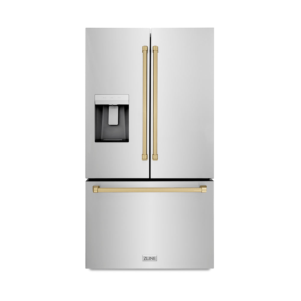 ZLINE Autograph Edition 36-inch refrigerator in fingerprint-resistant stainless steel with bright white interior and champagne bronze accents RSMZ-W-36-CB, front view