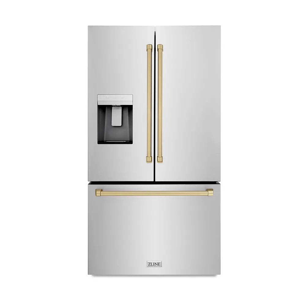 ZLINE Autograph Edition 36-inch refrigerator in fingerprint-resistant stainless steel with bright white interior and champagne bronze accents RSMZ-W-36-CB
