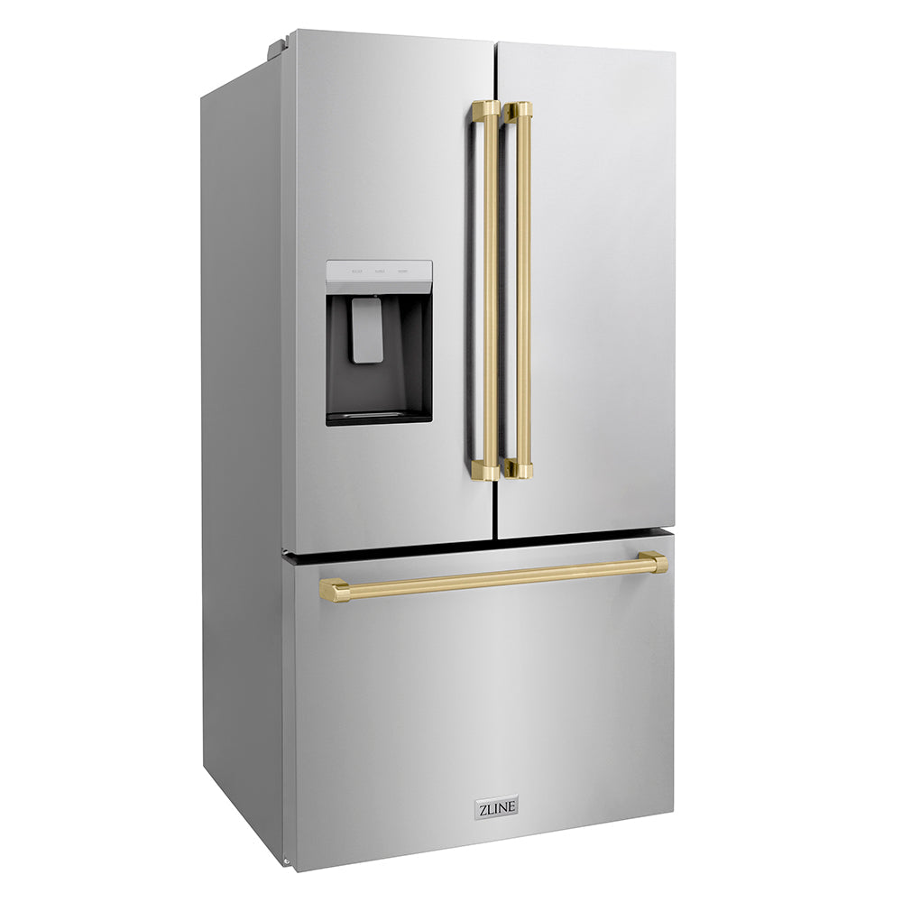 ZLINE Autograph Edition 36-inch refrigerator in fingerprint-resistant stainless steel with bright white interior and champagne bronze accents RSMZ-W-36-CB, side view