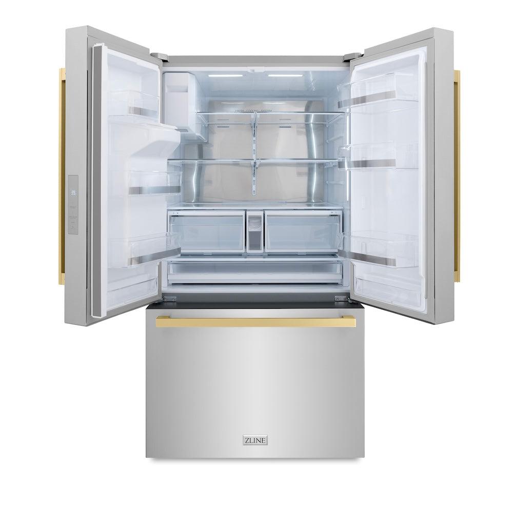 ZLINE Autograph Edition 36-inch refrigerator in fingerprint-resistant stainless steel with bright white interior and champagne bronze accents RSMZ-W-36-FCB, front view