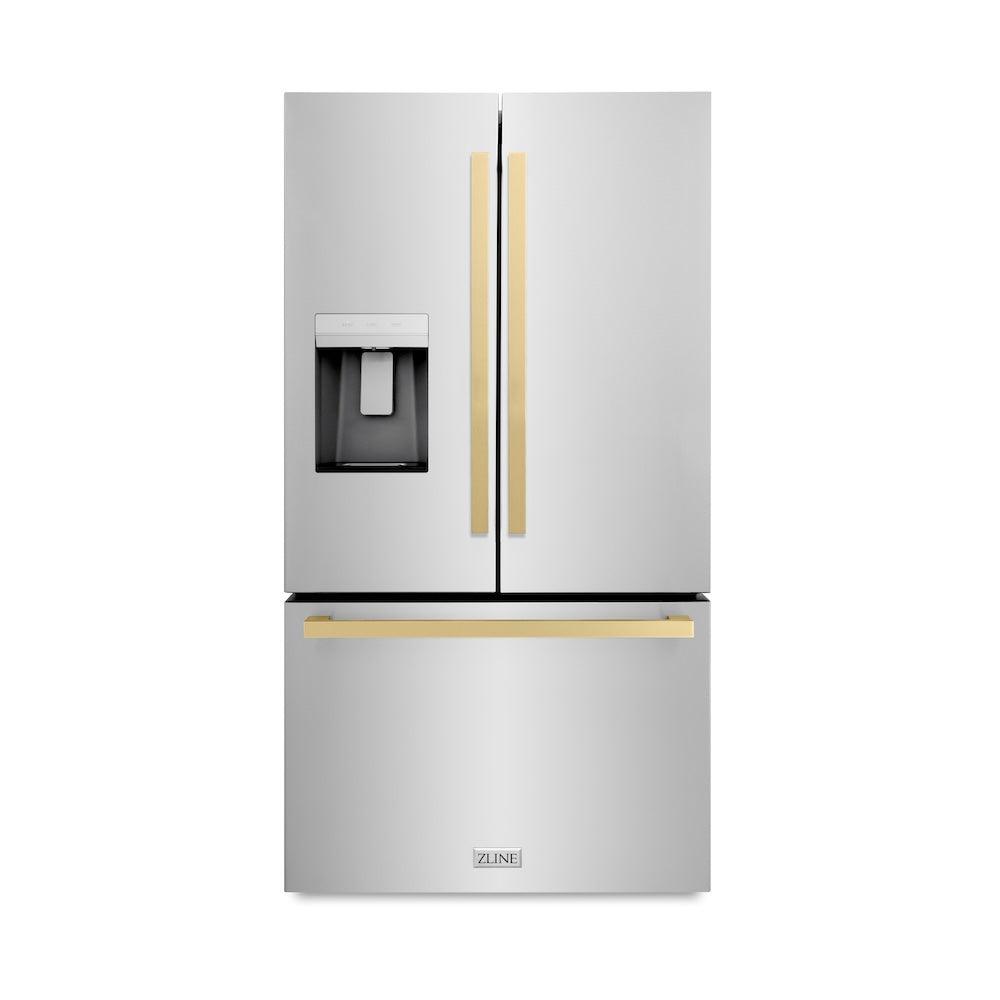 ZLINE Autograph Edition 36-inch refrigerator in fingerprint-resistant stainless steel with bright white interior and champagne bronze accents RSMZ-W-36-FCB, front view