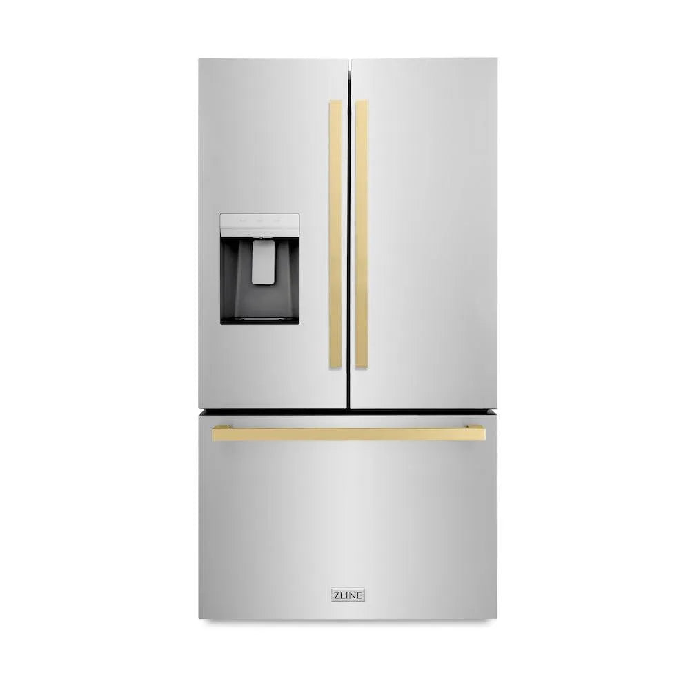 ZLINE Autograph Edition 36-inch refrigerator in fingerprint-resistant stainless steel with bright white interior and champagne bronze accents RSMZ-W-36-FCB