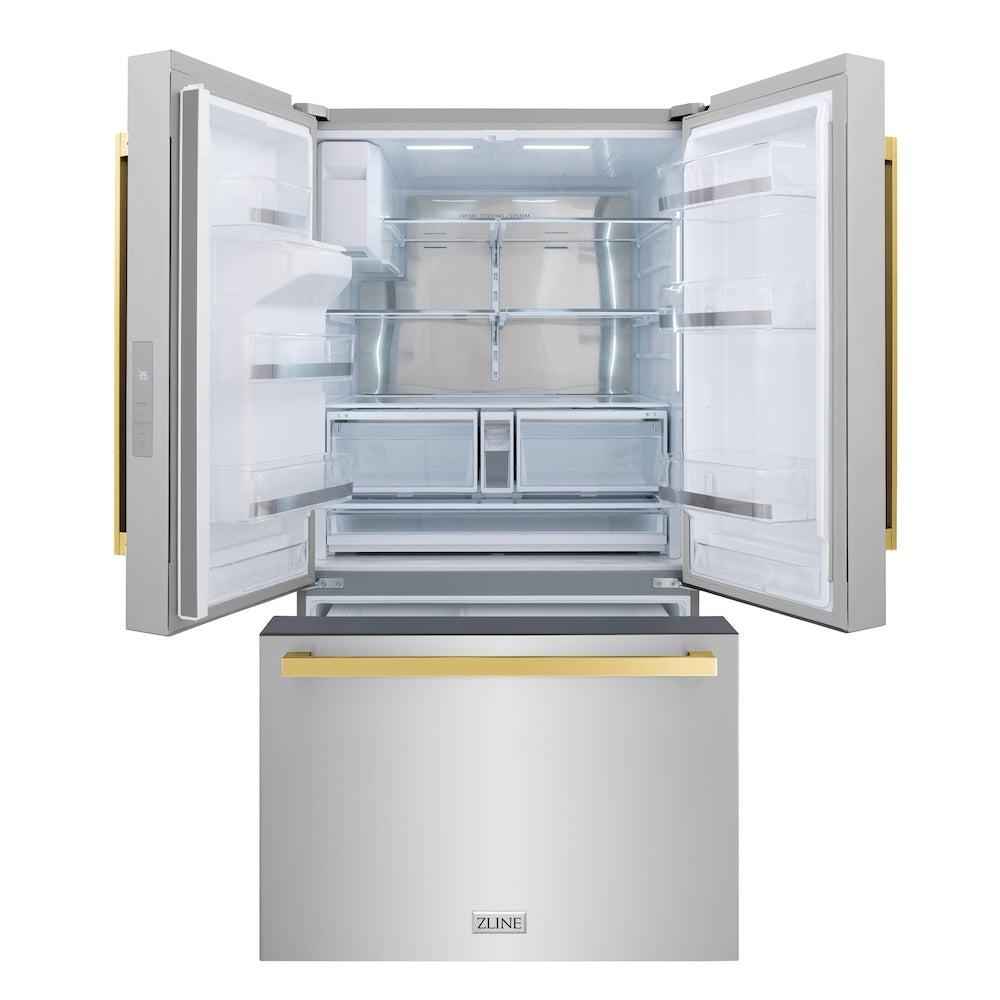 ZLINE Autograph Edition 36-inch refrigerator in fingerprint-resistant stainless steel with bright white interior and polished gold accents RSMZ-W-36-FG, front view