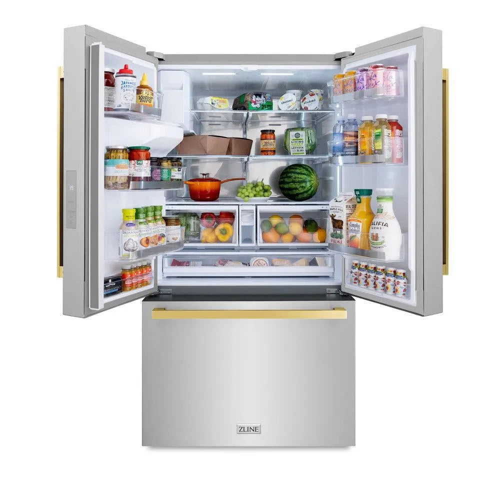 ZLINE Autograph Edition 36-inch refrigerator in fingerprint-resistant stainless steel with bright white interior and polished gold accents RSMZ-W-36-FG, front view