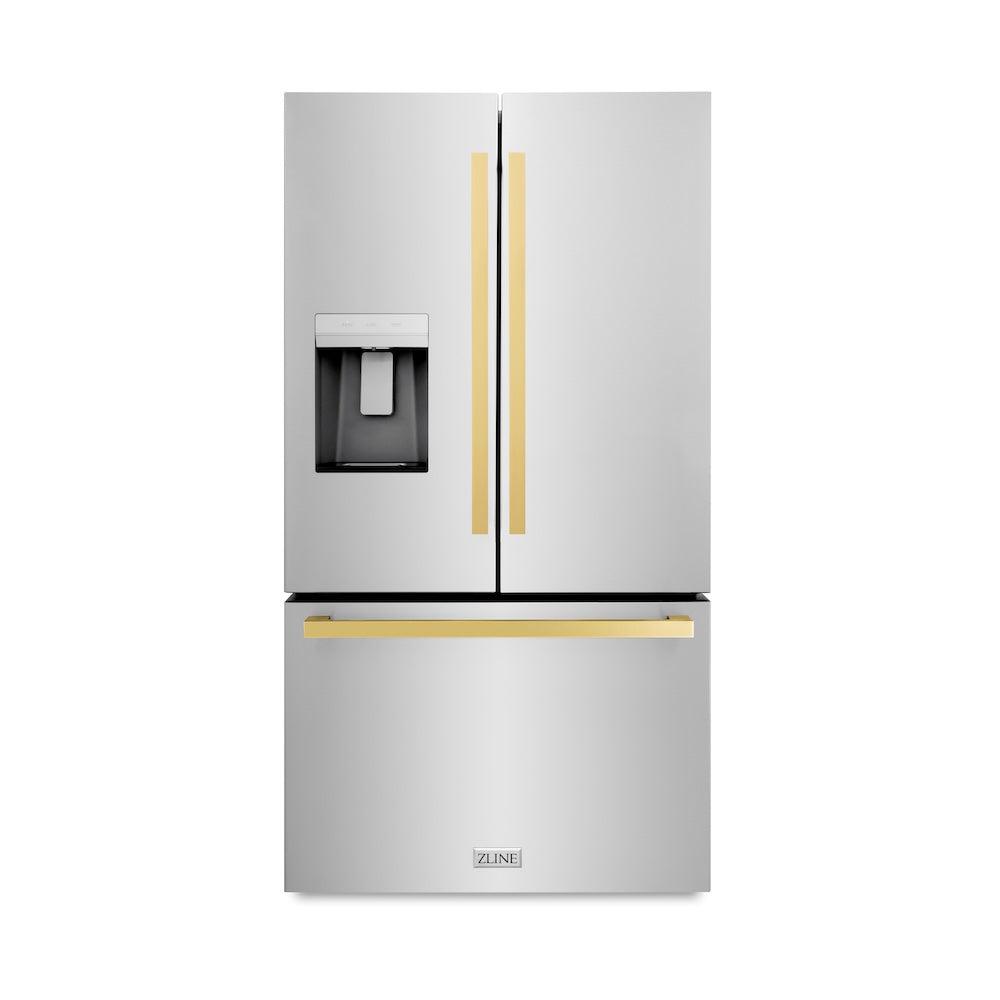 ZLINE Autograph Edition 36-inch refrigerator in fingerprint-resistant stainless steel with bright white interior and polished gold accents RSMZ-W-36-FG, front view