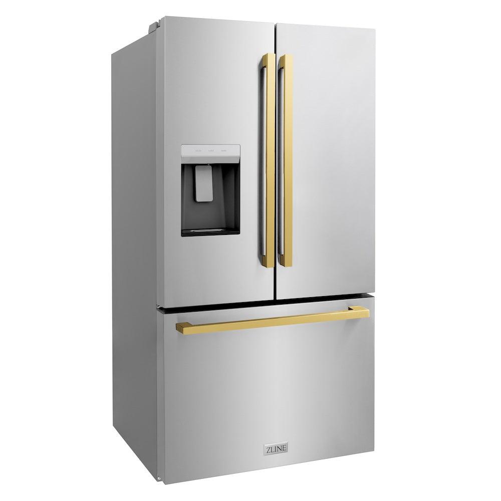 ZLINE Autograph Edition 36-inch refrigerator in fingerprint-resistant stainless steel with bright white interior and polished gold accents RSMZ-W-36-FG, side view