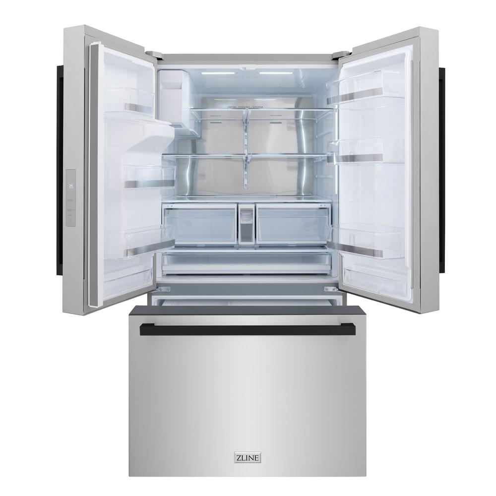 ZLINE Autograph Edition 36-inch refrigerator in fingerprint-resistant stainless steel with bright white interior and matte black accents RSMZ-W-36-FMB, front view