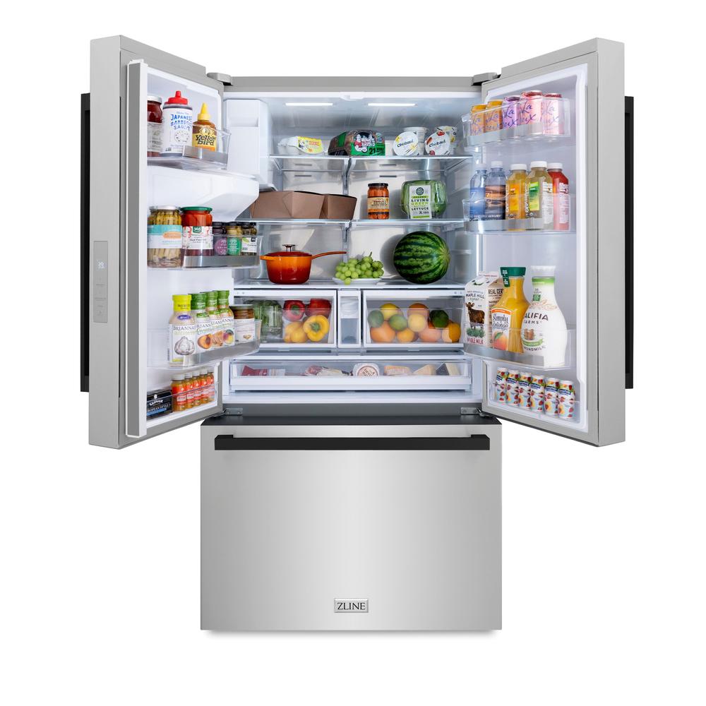 ZLINE Autograph Edition 36-inch refrigerator in fingerprint-resistant stainless steel with bright white interior and matte black accents RSMZ-W-36-FMB, front view