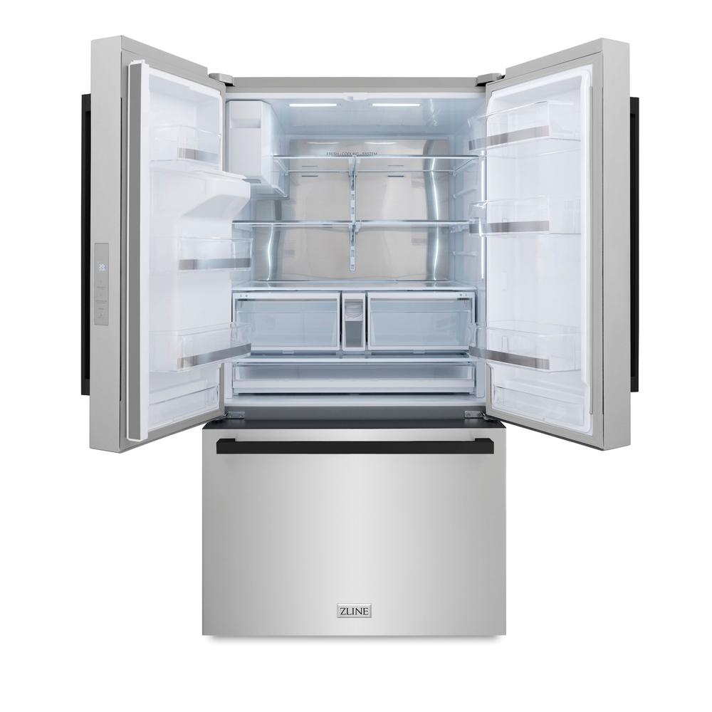 ZLINE Autograph Edition 36-inch refrigerator in fingerprint-resistant stainless steel with bright white interior and matte black accents RSMZ-W-36-FMB, front view