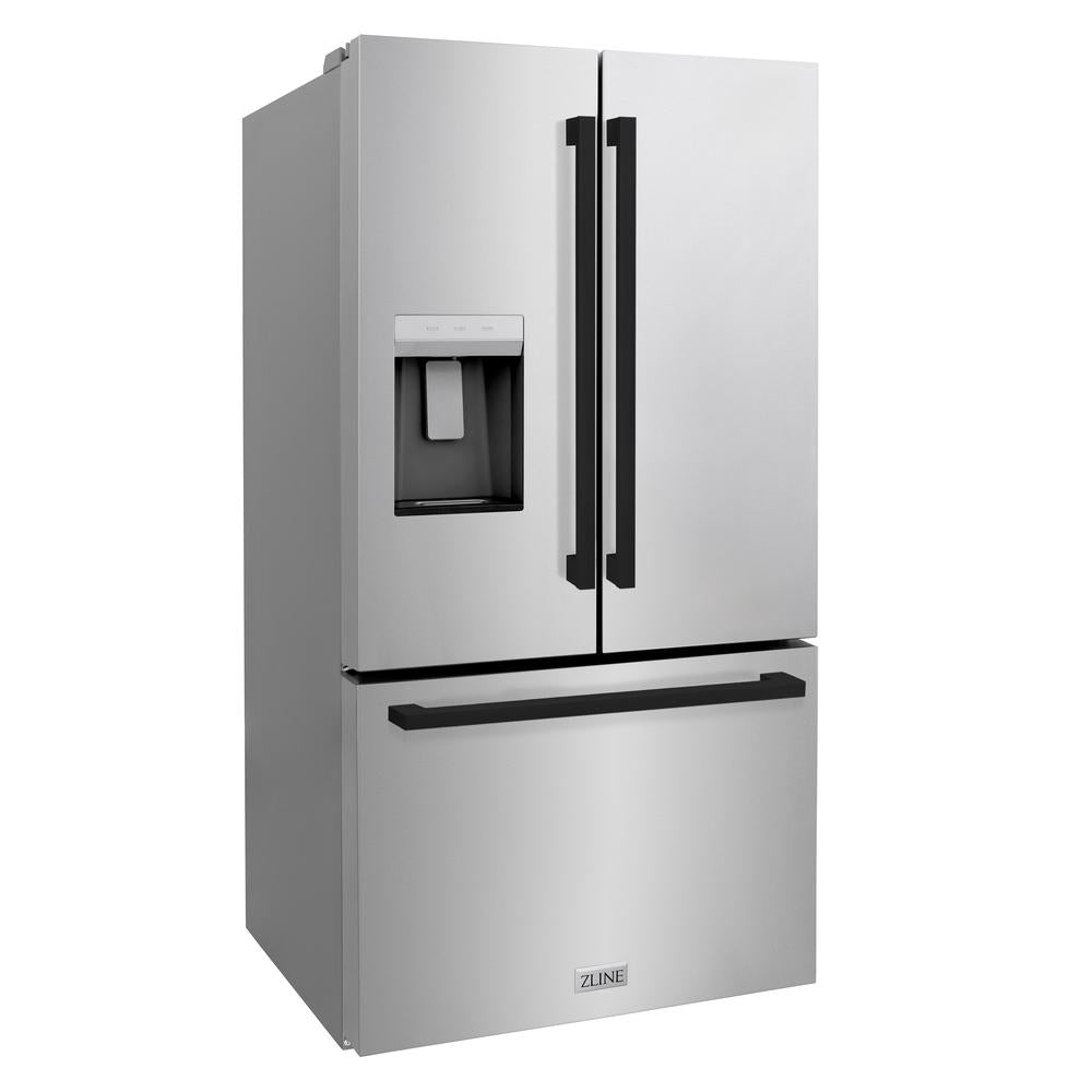 ZLINE Autograph Edition 36-inch refrigerator in fingerprint-resistant stainless steel with bright white interior and matte black accents RSMZ-W-36-FMB, side view