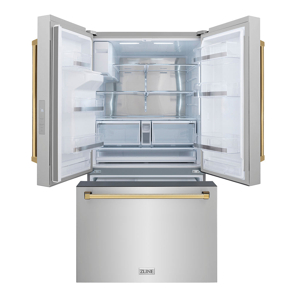 ZLINE Autograph Edition 36-inch refrigerator in fingerprint-resistant stainless steel with bright white interior and polished gold accents RSMZ-W-36-G, front view