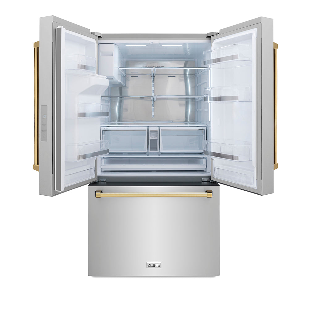 ZLINE Autograph Edition 36-inch refrigerator in fingerprint-resistant stainless steel with bright white interior and polished gold accents RSMZ-W-36-G, front view