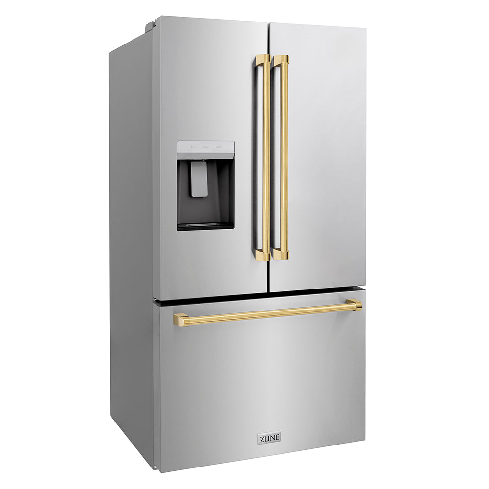 ZLINE Autograph Edition 36-inch refrigerator in fingerprint-resistant stainless steel with bright white interior and polished gold accents RSMZ-W-36-G, side view