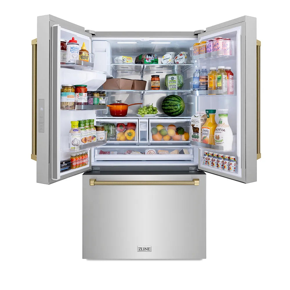 ZLINE Autograph Edition 36-inch refrigerator in fingerprint-resistant stainless steel with bright white interior and champagne bronze accents RSMZ-W-36-KCB, front view