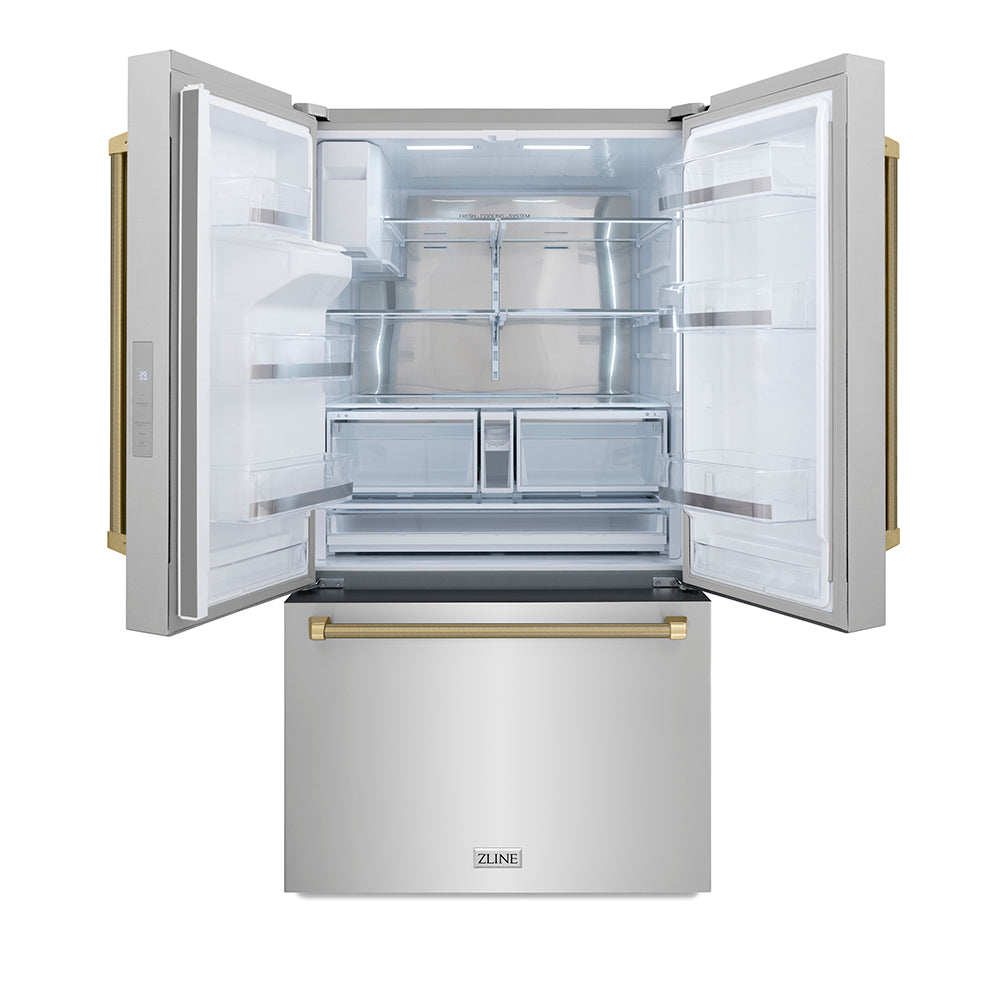 ZLINE Autograph Edition 36-inch refrigerator in fingerprint-resistant stainless steel with bright white interior and champagne bronze accents RSMZ-W-36-KCB, front view