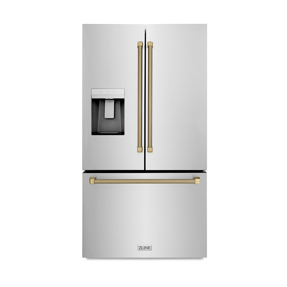 ZLINE Autograph Edition 36-inch refrigerator in fingerprint-resistant stainless steel with bright white interior and champagne bronze accents RSMZ-W-36-KCB