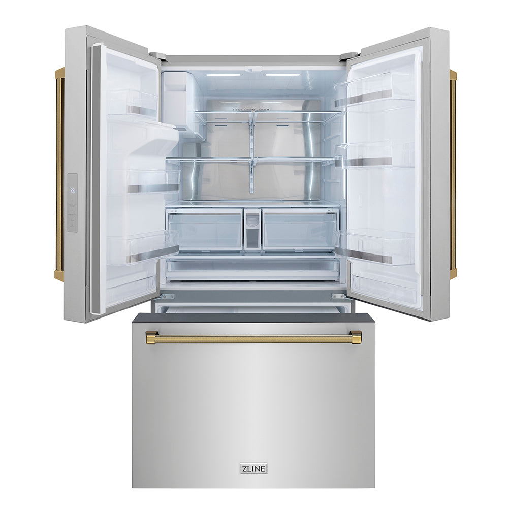 ZLINE Autograph Edition 36-inch refrigerator in fingerprint-resistant stainless steel with bright white interior and polished gold accents RSMZ-W-36-KG, front view