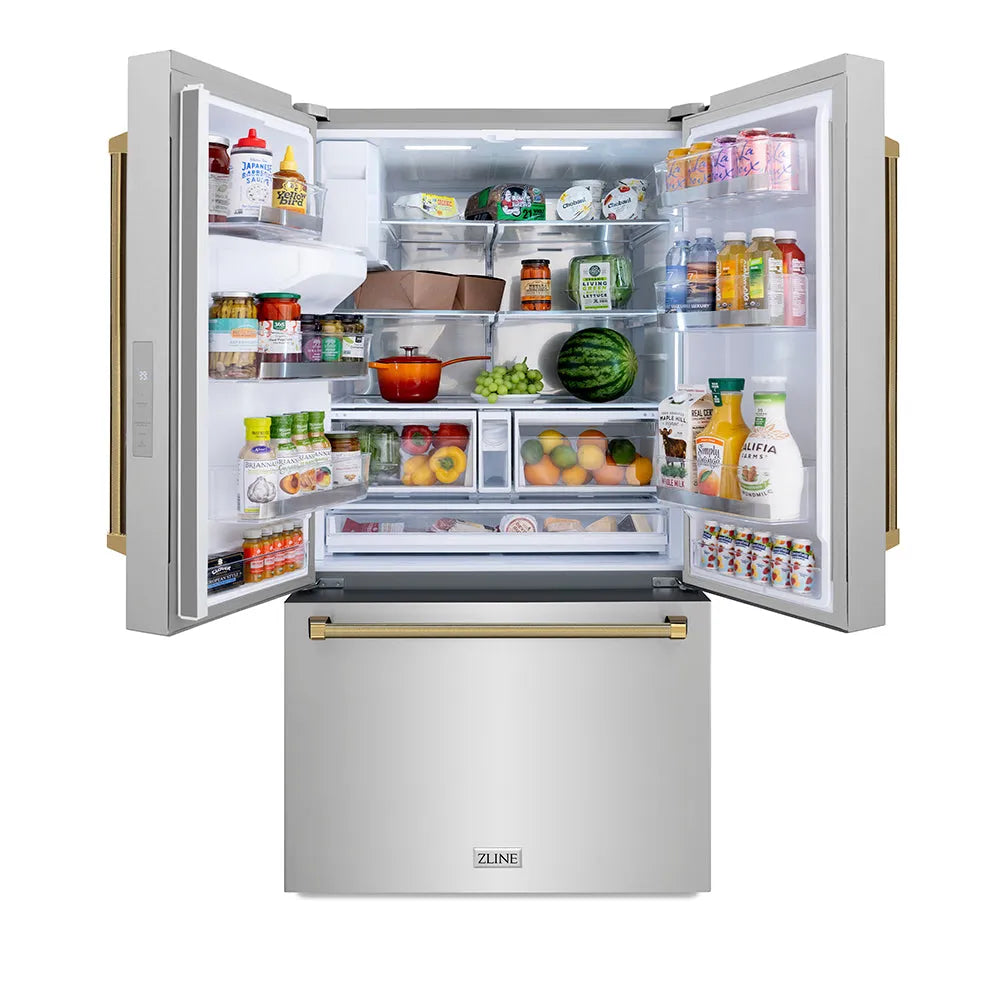 ZLINE Autograph Edition 36-inch refrigerator in fingerprint-resistant stainless steel with bright white interior and polished gold accents RSMZ-W-36-KG, front view