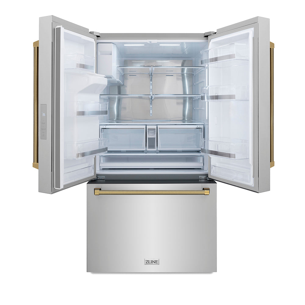 ZLINE Autograph Edition 36-inch refrigerator in fingerprint-resistant stainless steel with bright white interior and polished gold accents RSMZ-W-36-KG, front view