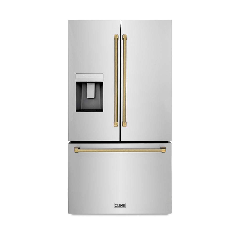 ZLINE Autograph Edition 36-inch refrigerator in fingerprint-resistant stainless steel with bright white interior and polished gold accents RSMZ-W-36-KG