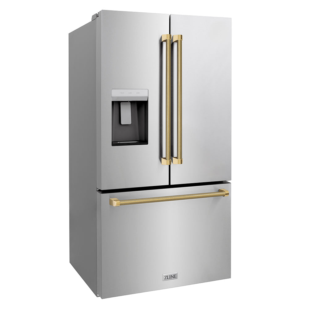 ZLINE Autograph Edition 36-inch refrigerator in fingerprint-resistant stainless steel with bright white interior and polished gold accents RSMZ-W-36-KG, side view