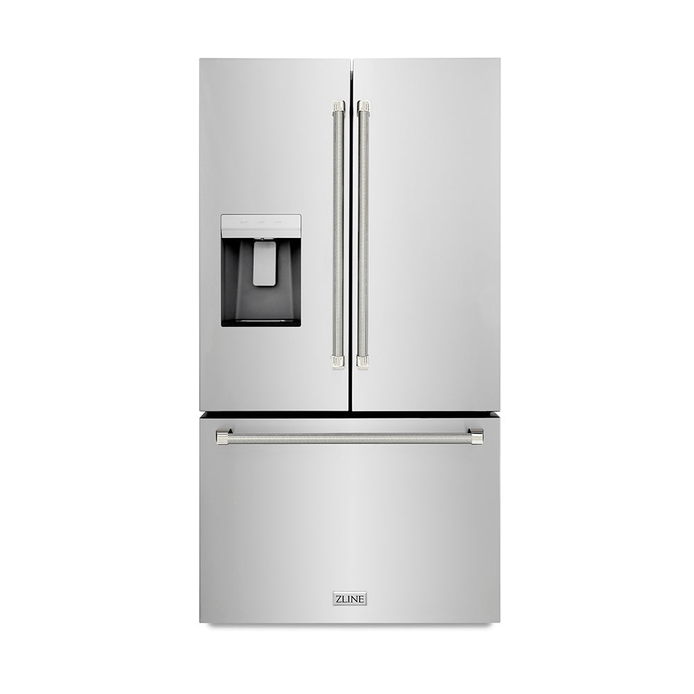 ZLINE Autograph Edition 36-inch refrigerator in fingerprint-resistant stainless steel with bright white interior and polished nickel accents RSMZ-W-36-KPN
