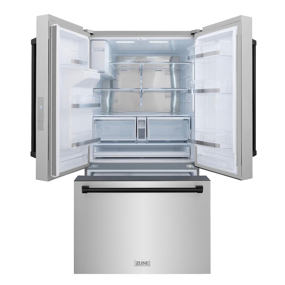 ZLINE Autograph Edition 36-inch refrigerator in fingerprint-resistant stainless steel with bright white interior and matte black accents RSMZ-W-36-MB, front view