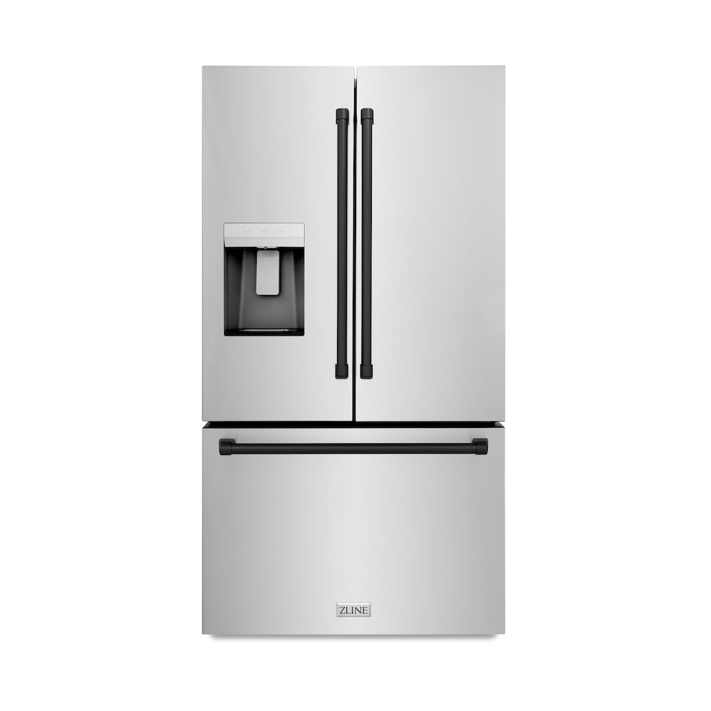 ZLINE Autograph Edition 36-inch refrigerator in fingerprint-resistant stainless steel with bright white interior and matte black accents RSMZ-W-36-MB, front view