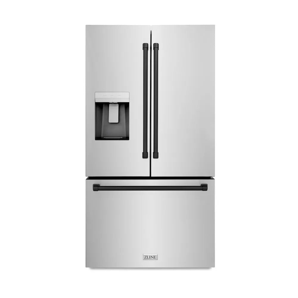 ZLINE Autograph Edition 36-inch refrigerator in fingerprint-resistant stainless steel with bright white interior and matte black accents RSMZ-W-36-MB