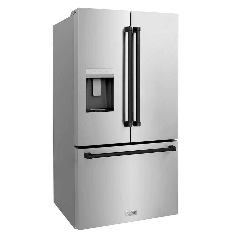 ZLINE Autograph Edition 36-inch refrigerator in fingerprint-resistant stainless steel with bright white interior and matte black accents RSMZ-W-36-MB, side view