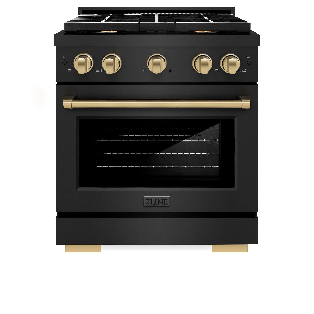ZLINE Autograph Edition Paramount 30-inch range in black stainless steel and champagne bronze accents SDRBZ-30-CB, front view