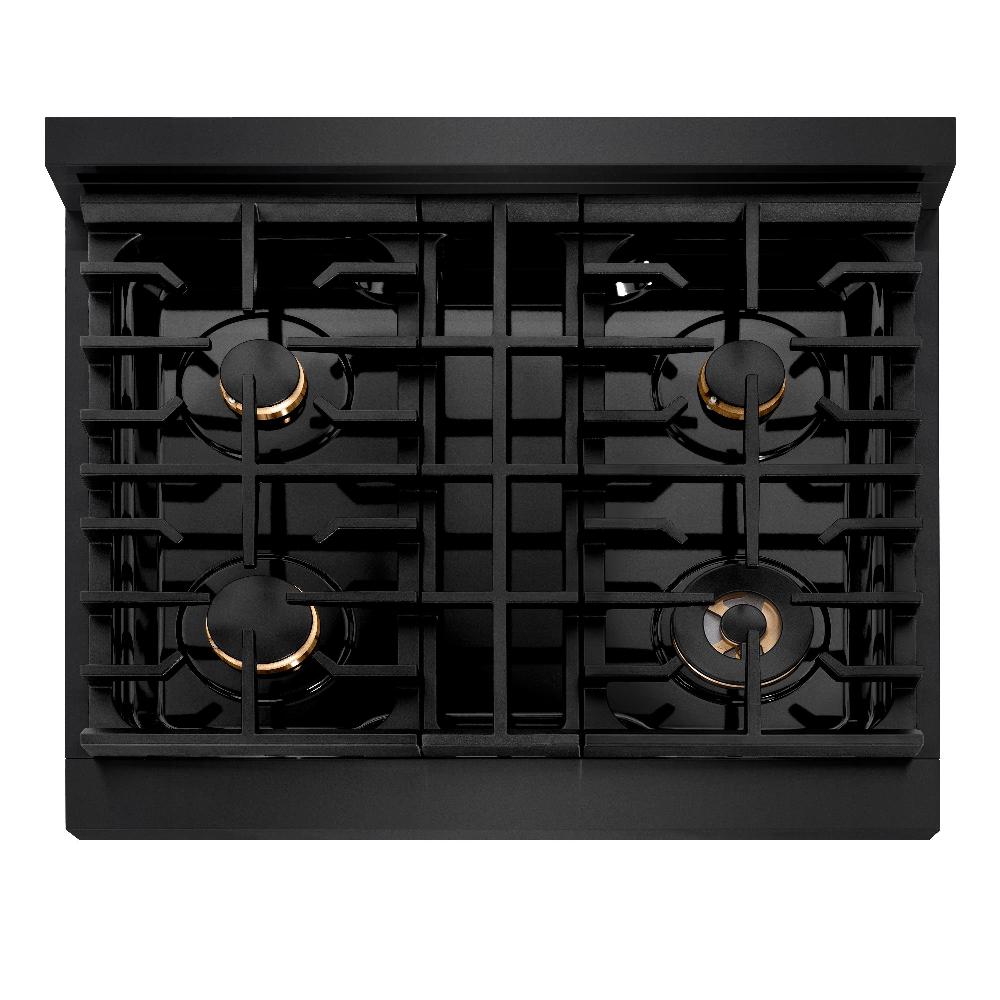 ZLINE Autograph Edition Paramount 30-inch range in black stainless steel and champagne bronze accents SDRBZ-30-CB, from above