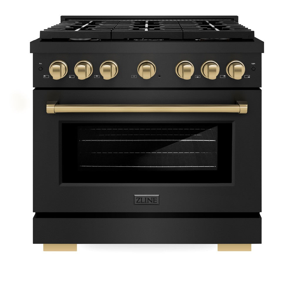 ZLINE Autograph Edition Paramount 36-inch range in black stainless steel and champagne bronze accents SDRBZ-36-CB, front view