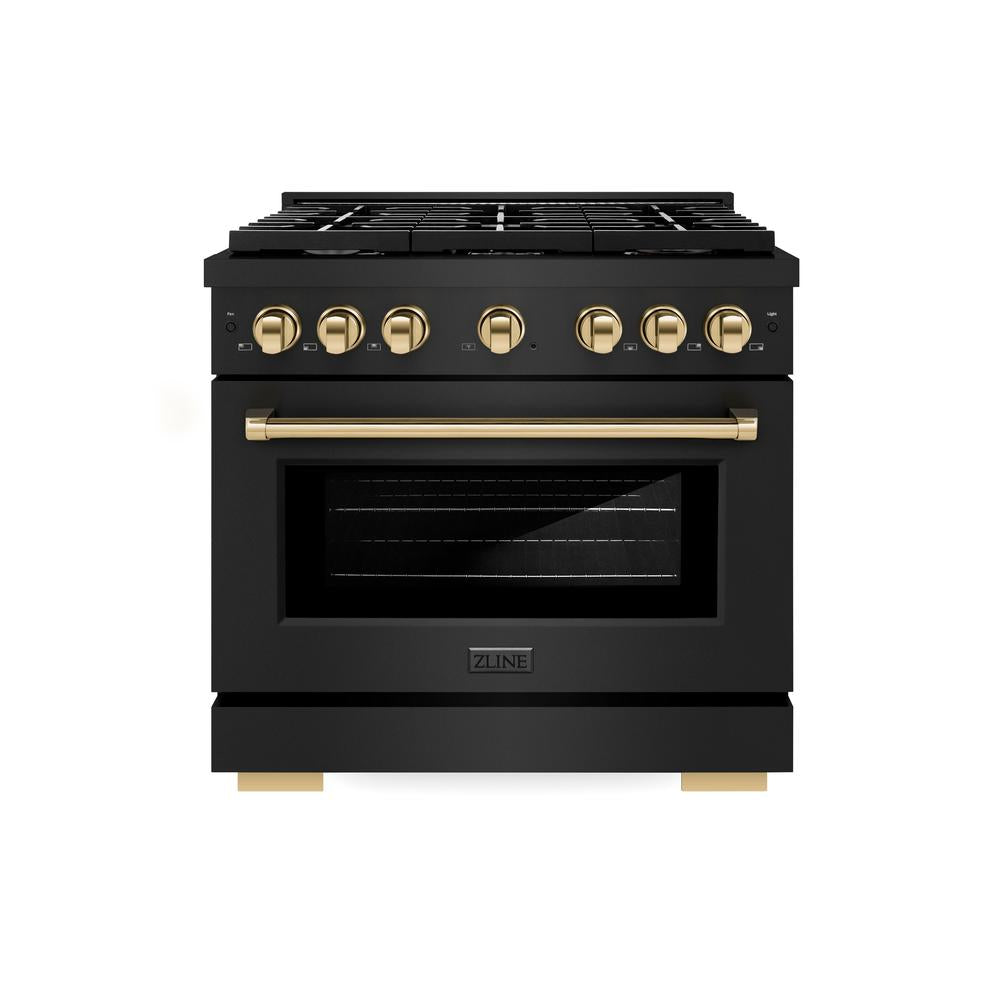 ZLINE Autograph Edition Paramount 36-inch range in black stainless steel and polished gold accents SDRBZ-36-G, front view