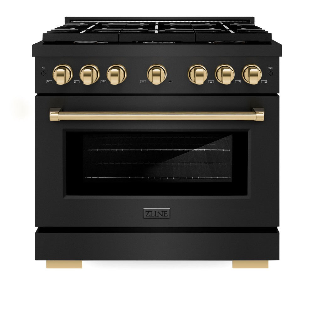 ZLINE Autograph Edition Paramount 36-inch range in black stainless steel and polished gold accents SDRBZ-36-G, front view