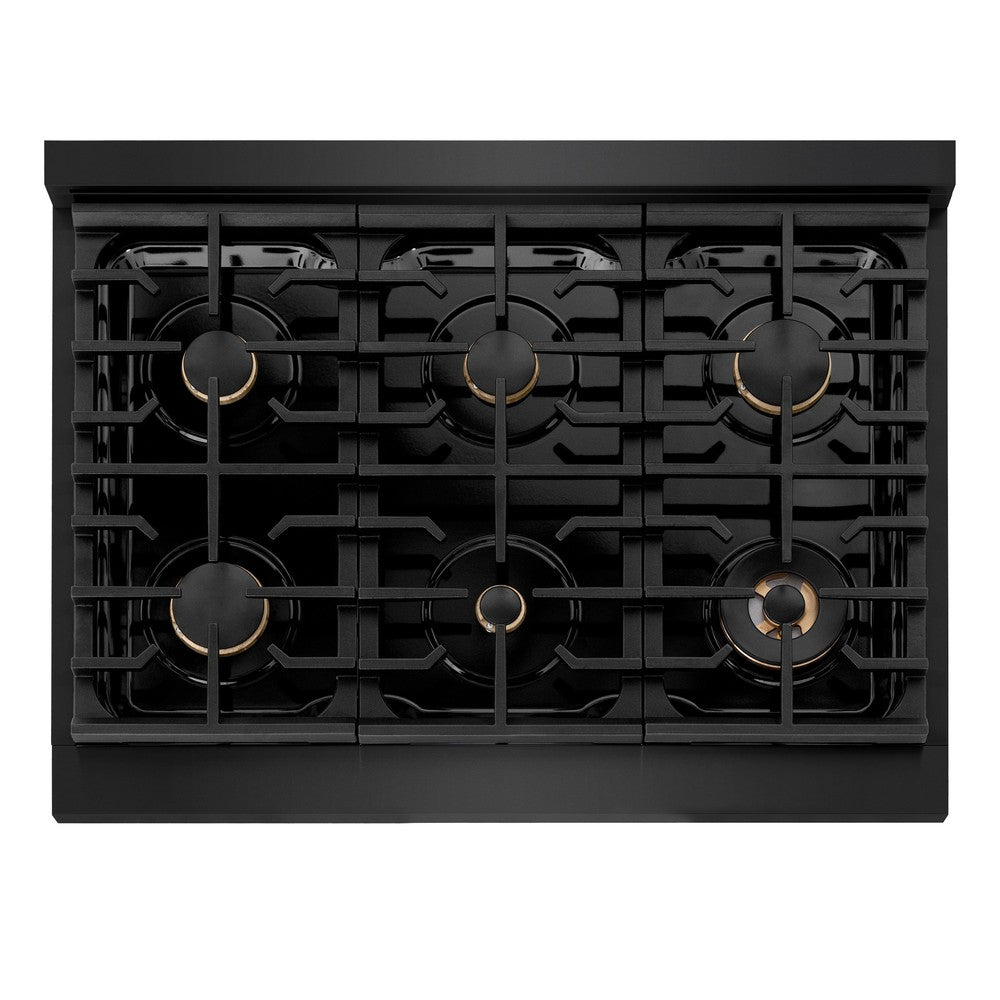 ZLINE Autograph Edition Paramount 36-inch range in black stainless steel and polished gold accents SDRBZ-36-G, from above