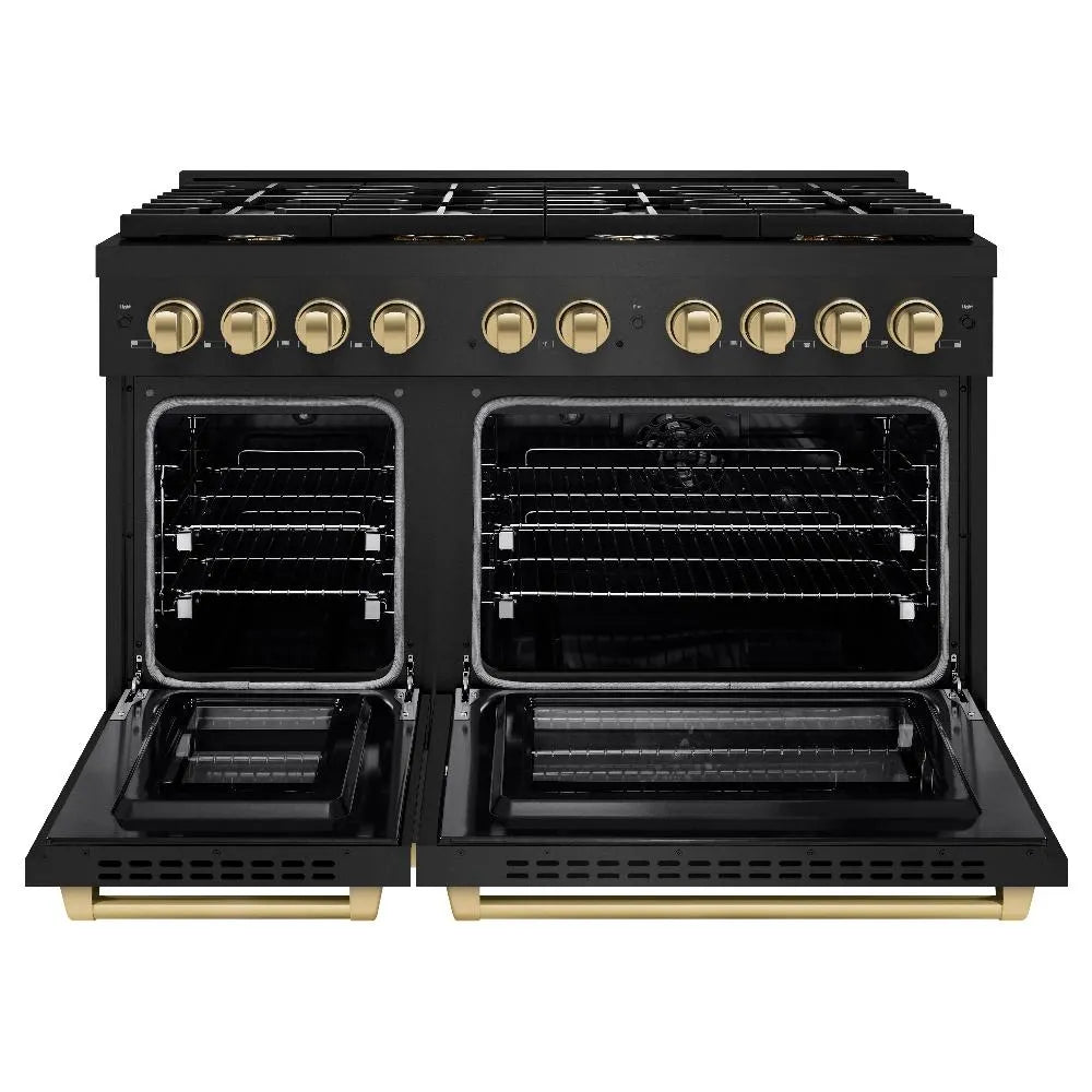 ZLINE Autograph Edition Paramount 48-inch range in black stainless steel and champagne bronze accents SDRBZ-48-CB, front view