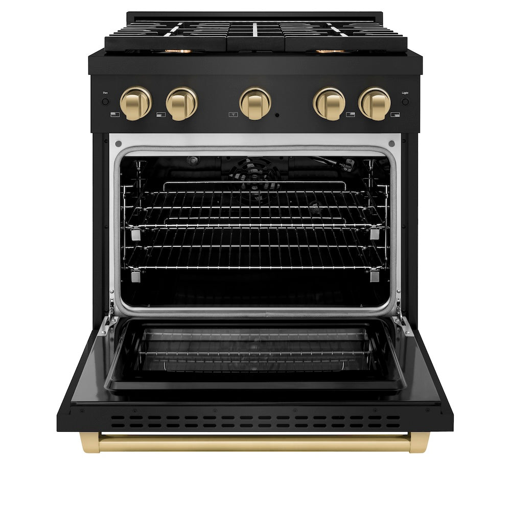 ZLINE Autograph Edition Paramount 30-inch range in black stainless steel and champagne bronze accents SGRBZ-30-CB, front view